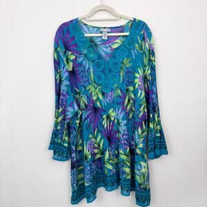 Catherines Womens Blouse Top Size 5X Embroidered Pleated Classic Floral Blue